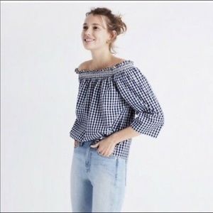 Madewell Off the Shoulder blue gingham top